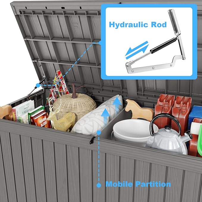 180 Gallon Deck Box,Resin Outdoor Storage Box with Lockable for Patio Furniture, Pool Accessories, Garden Tools Waterproof Outside Storage Box, Grey-VerdiqueGarden