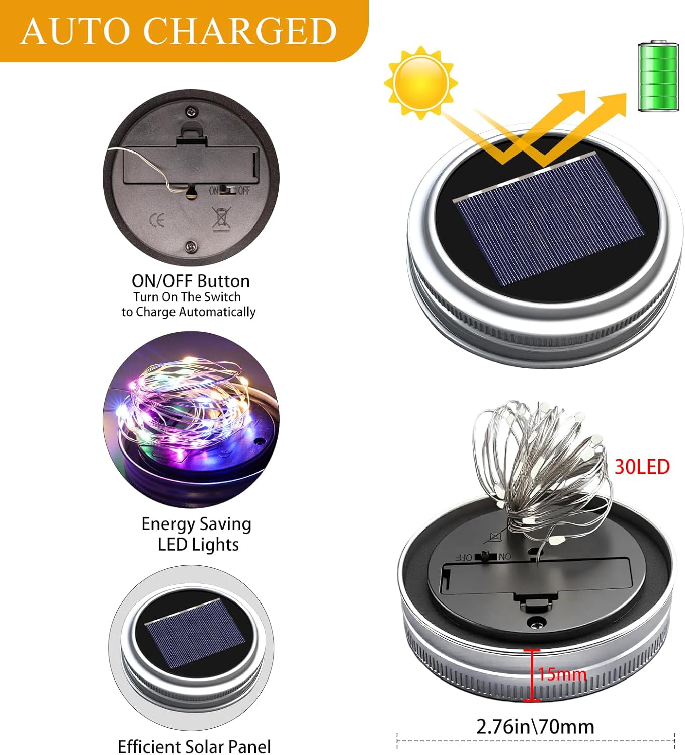 Solar Mason Jar Lights [Upgraded], 12 Pack 30 LED Firefly Fairy String Lights, Waterproof Outdoor Solar Mason Jar Lid Lights with Hangers(NO JARS) for Patio Garden Yard Wedding Decoration - Multicolor-VerdiqueGarden