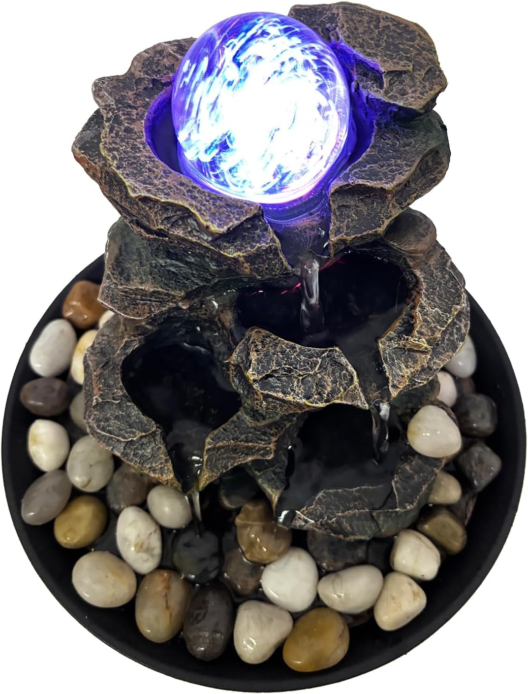 Rock Cascading Tabletop Fountain with Spinning Ball, Zen Meditation Indoor Waterfall Feature with LED Light for Home Office Bedroom-VerdiqueGarden