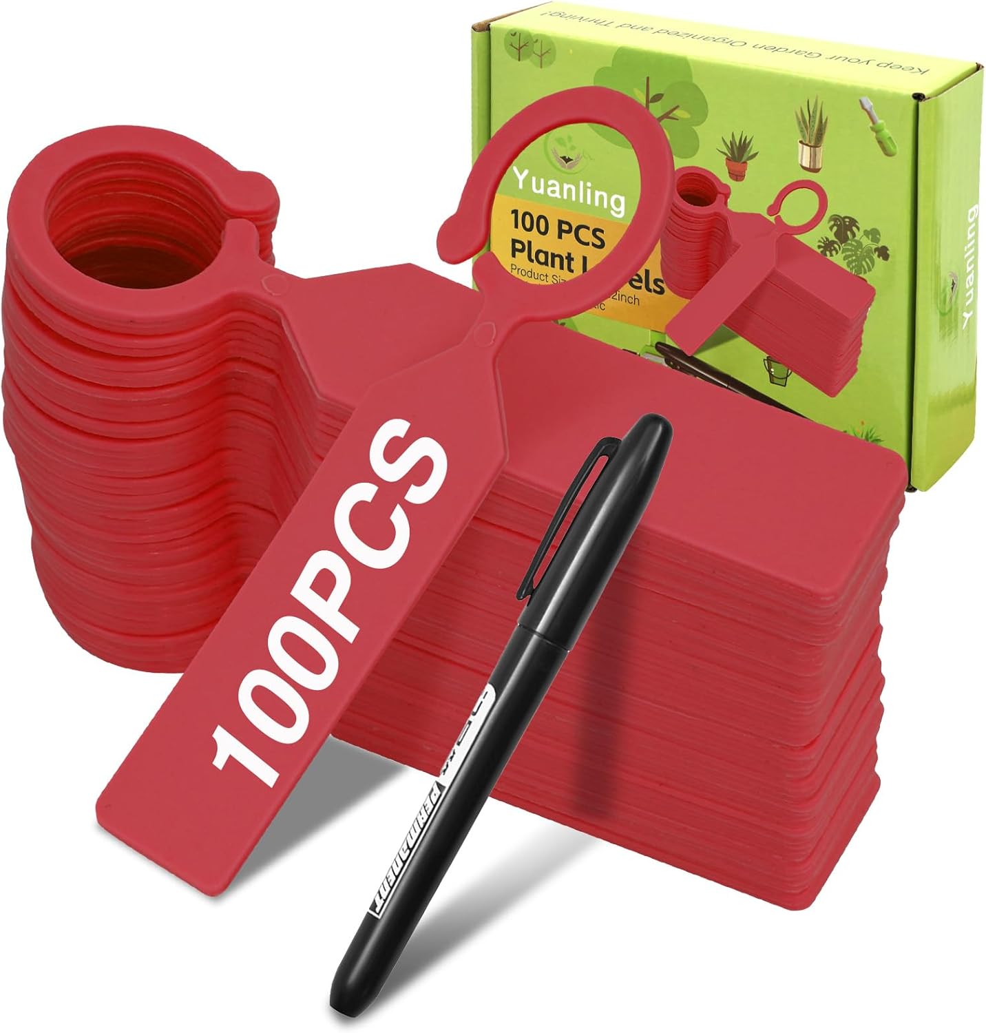 Plant Labels Yuanling 100Pcs Plastic Waterproof Plant Tree Tags Nursery Garden Markers for Indoor Outdoor Gardening Plants Vegetables Flowers Potted (Red Color with 1 Marker Pen)-VerdiqueGarden