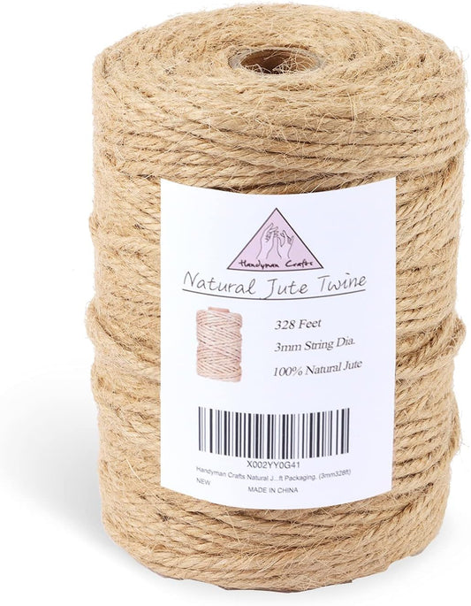 Natural Jute Twine Rope (1.5mm/2mm/3mm/6mm) Durable String for Handmde Crafts,Gardening Applications,Home Gardening,Cat Scratching Post,Gift Packaging... (3mm*328ft)-VerdiqueGarden