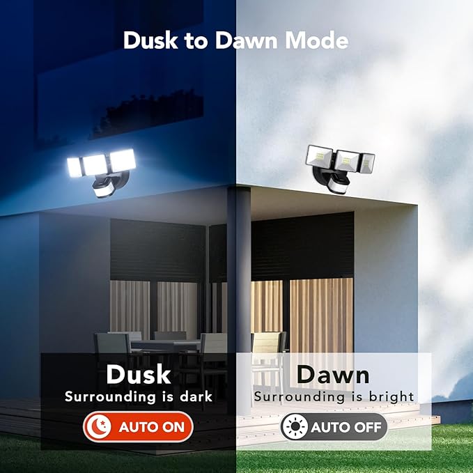 OREiN 3500LM/26W Flood Lights Outdoor, 240°/40FT Big Motion Sensor Outdoor Lights Dusk to Dawn Security Lights IP65 Waterproof 3 Modes for Outside 3500SQ.FT Front Door, Garage, Black (Hardwired)-VerdiqueGarden