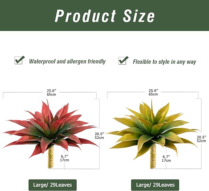 Artificial Agave Plants,Large UV Resistant Fake Agave Planters for Indoor and Outdoor Decorating Artificial Plants for Outdoors Fake Plants 2Pack, 28" Red-VerdiqueGarden