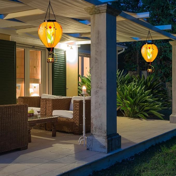 Starsoul Large Solar Hot Air Balloon Lantern with Flame Sunflower Glass Hanging Outdoor Hot Air Balloon Solar Light Waterproof Garden Patio Yard Party Decorations-VerdiqueGarden