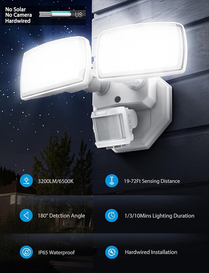 Onforu 32W 2 Head Motion Sensor Outdoor Lights, 3200LM 6500K LED Security Light, Dusk to Dawn, Motion Detector Light for Outside, IP65 Waterproof Flood Lights for Garage, Yard(White)-VerdiqueGarden