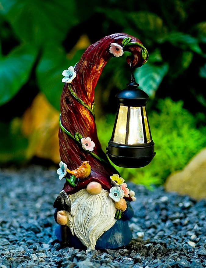 Gnome Garden Decor Statue Solar Gnomes Decorations for Yard with Lantern Light Outdoor Decorations for Patio Mom Gift-VerdiqueGarden