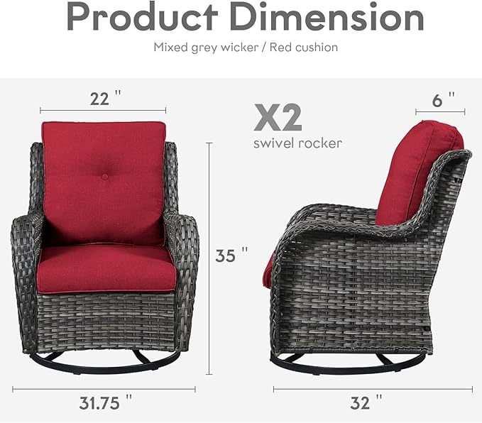 Outdoor Swivel Rcoker Wicker Chairs - Swivel Patio Chairs Set of 2 Patio Furniture Sets with Covered Cushion for Porch Deck Balcony Backyard, Red-VerdiqueGarden