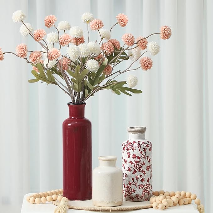 Vintage Vase Set of 3, Ceramic Vintage Flower Vases, Chinoiserie Decorative Home Decor Retro Floral Vase Rustic Farmhouse Decor for Table Bookshelf Mantel Kitchen Living Room Office - Red and White-VerdiqueGarden