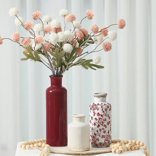 Vintage Vase Set of 3, Ceramic Vintage Flower Vases, Chinoiserie Decorative Home Decor Retro Floral Vase Rustic Farmhouse Decor for Table Bookshelf Mantel Kitchen Living Room Office - Red and White-VerdiqueGarden