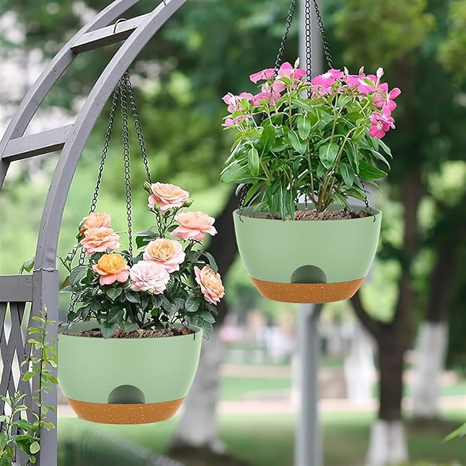 12 Inch Hanging Baskets 2 PC with Chains, Self-Watering Hanging Planters for Indoor Outdoor Plants, Plastic Hanging Flower Pots,Green Brown-VerdiqueGarden