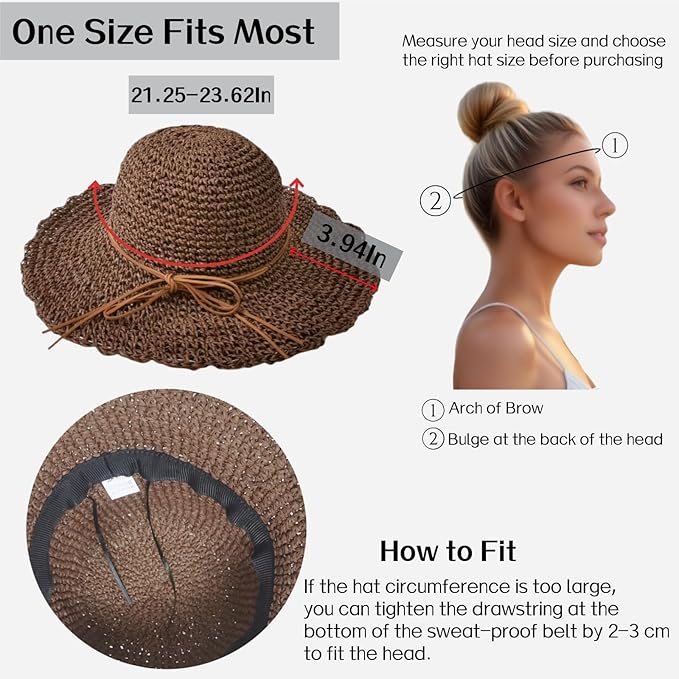 Womens Straw Beach Sun Hats, Foldable Packable Floppy Handmade Crochet Hats for Women,Large Summer Vacation Wide Brim Hat-VerdiqueGarden
