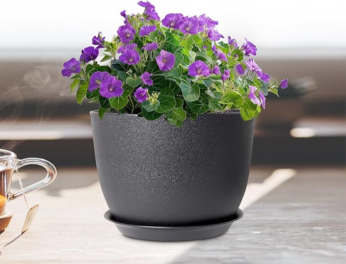 12 inch Large Plant Pots, Plastic Planters with Drainage Holes and Saucers, Flower Pots for Indoor Outdoor Plants, Modern Decorative Pots for Garden House Plants, Black-VerdiqueGarden