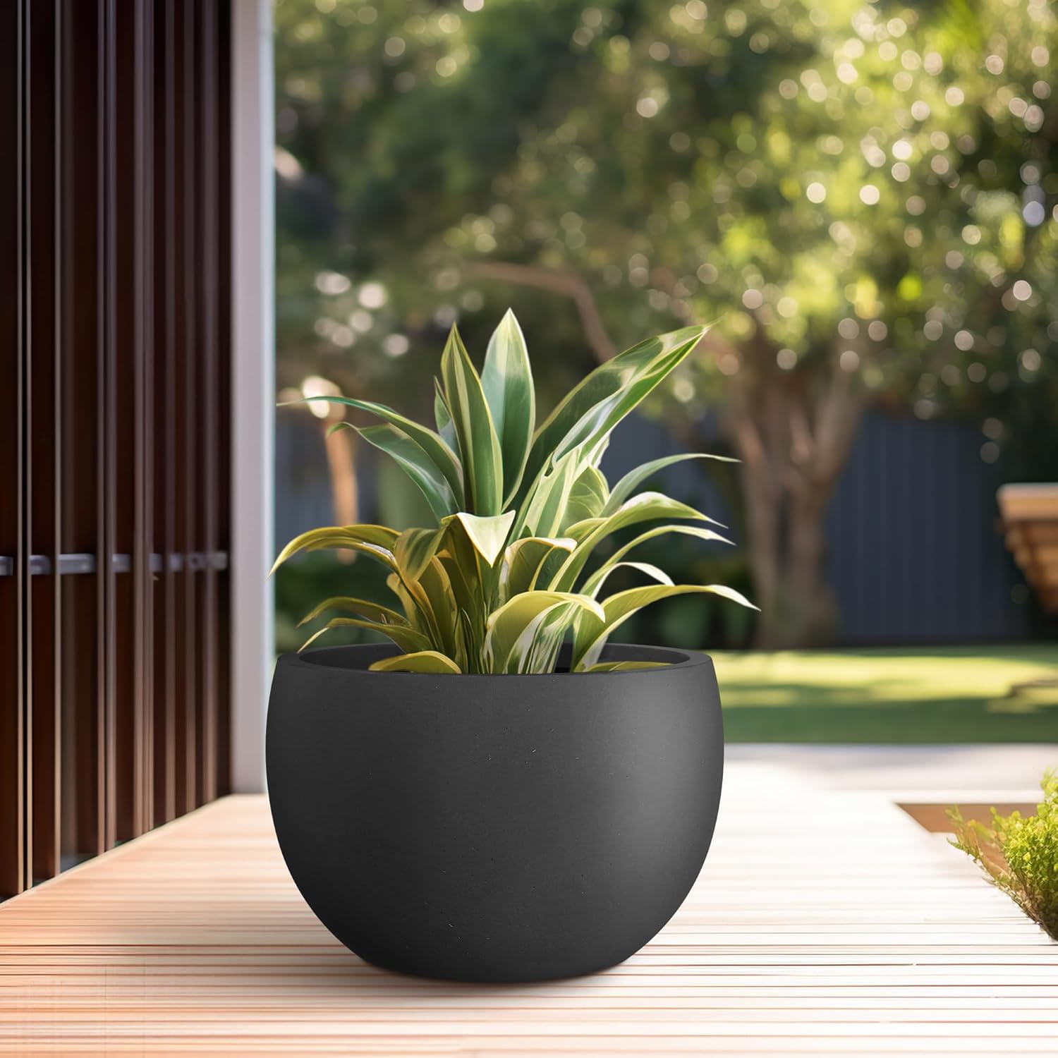 Kante 15.7" Dia Round Concrete Planter, Outdoor/Indoor Large Bowl Plant Pots with Drainage Hole and Rubber Plug for Garden Patio Balcony Home, Black-VerdiqueGarden