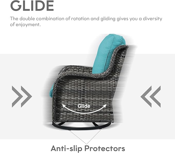 Outdoor Swivel Rcoker Wicker Chairs - Swivel Patio Chairs Set of 2 Patio Furniture Sets with Covered Cushion for Porch Deck Balcony Backyard, Turquoise Cushion-VerdiqueGarden