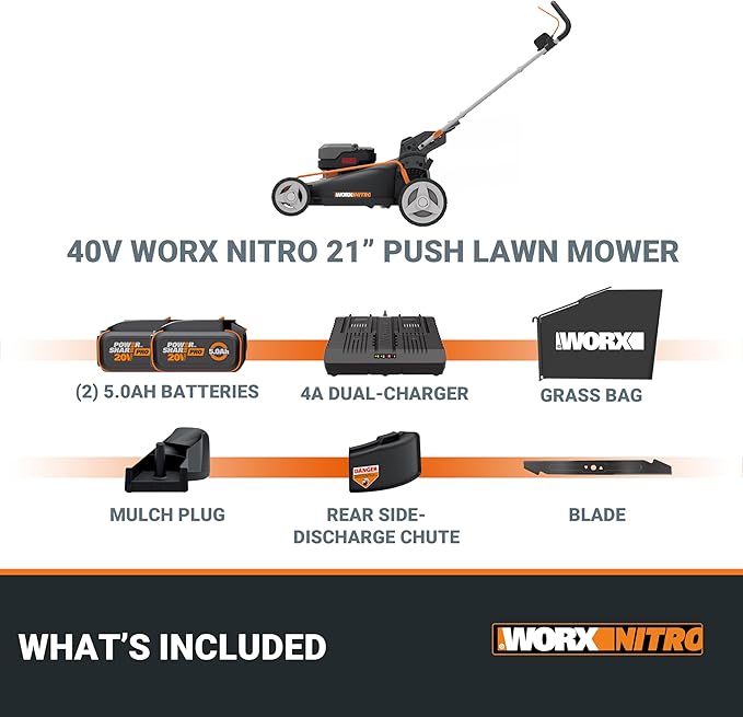 WORX Nitro 40V 21" Cordless Lawn Mower w/Aerodeck & Intellicut, Brushless Electric Mower Up to 1/2 Acre, Push Lawn Mower w/ 7-Position Height Adjustment WG752 – Batteries & Charger Included-VerdiqueGarden