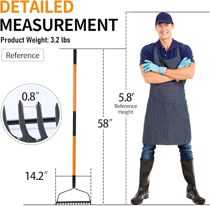 Garden Rake for Gardening, Heavy Duty Garden Rake for Lawns, 14 Tines Bow Rake with Fiberglass Handle, 58 Inches-VerdiqueGarden