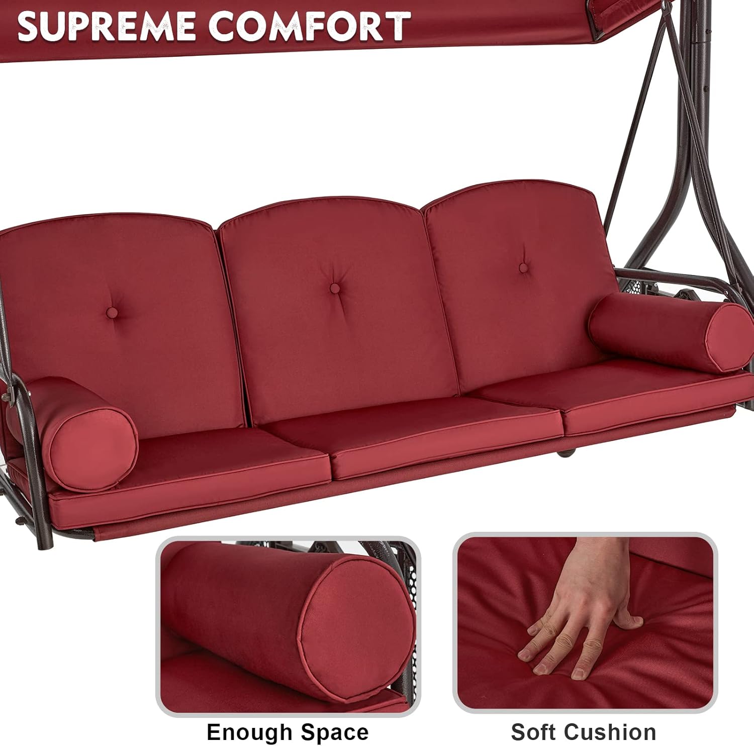 HOMREST 3 Seat Outdoor Porch Swing with Adjustable Canopy, Convertible Patio Swing Bed with Stand, Patio Glider Swing with Upgraded Cup Holder, Thicken Cushions ＆ Pillow for Backyard (Wine Red)-VerdiqueGarden