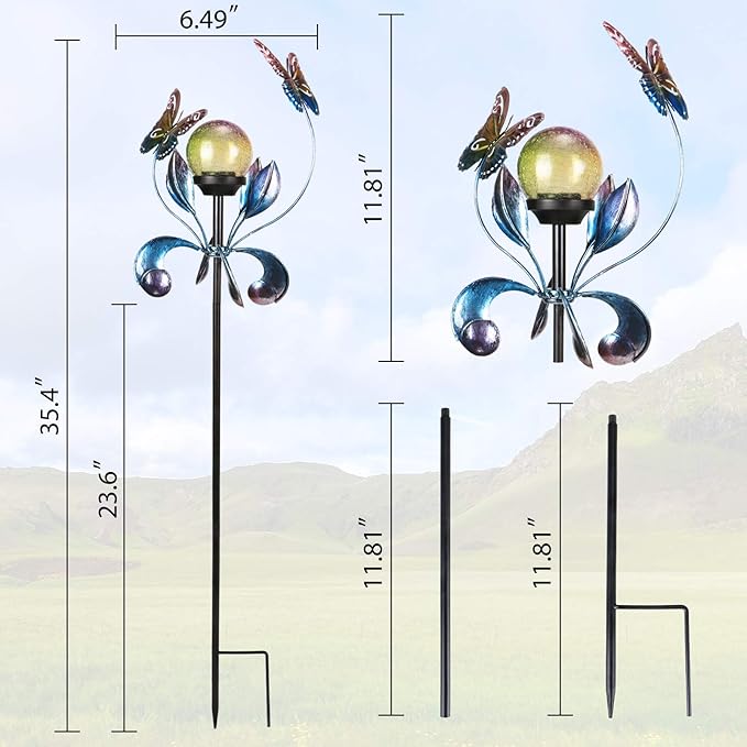 VCUTEKA Solar Lights Outdoor Metal Garden Stake Waterproof Crackle Glass Globe Garden Decor Butterfly for Pathway, Lawn, Patio, Yard-VerdiqueGarden