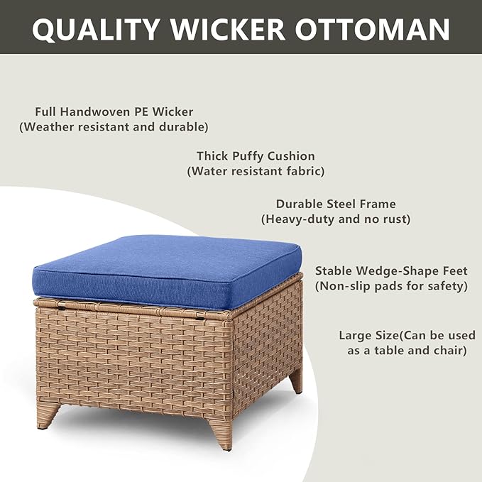 Outdoor Wicker Patio Furniture Set - 6 Piece Rattan Patio Conversation Set with 2 Rocking Swivel Chairs,2 Ottomans,1 Sofa and 1 Coffee Table for Porch Deck Backyard Garden(Yellow/Blue)-VerdiqueGarden