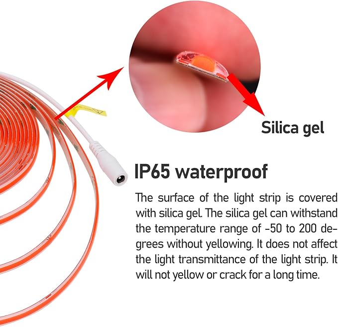 DC 24V COB LED Strip Light Red IP65 Waterproof 5M/16.4ft Uniform Glow 2400LEDs Flexible LED Tape Lights for DIY Garden Backyard Hallways Stairs Decor(No Power Supply)-VerdiqueGarden