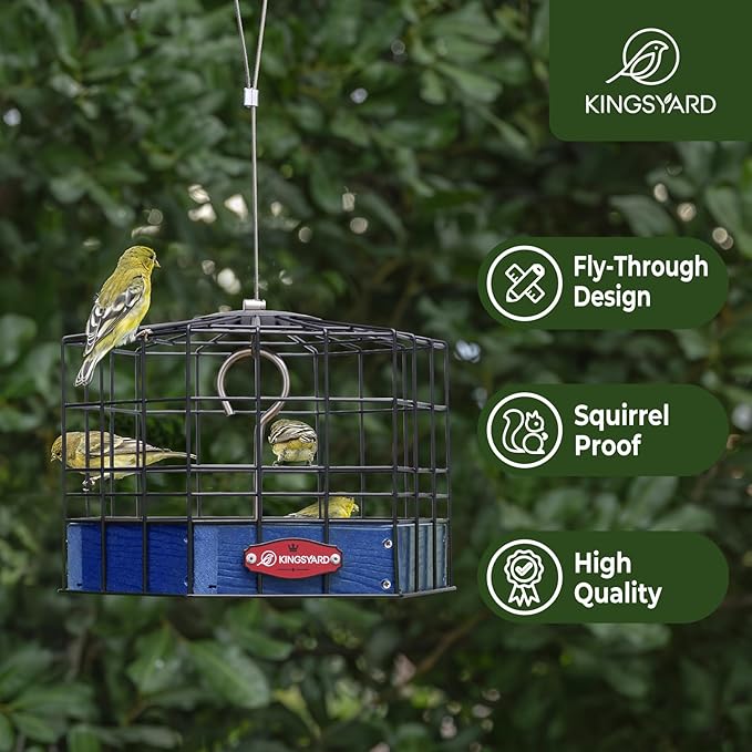 Kingsyard Squirrel Proof Platform Bird Feeder for Outdoor Hanging, Caged Bird Feeder for Bluebird Mealworm, Recycled Plastic Feeding Platform with Metal Mesh Tray, Special for Small Birds, Blue-VerdiqueGarden