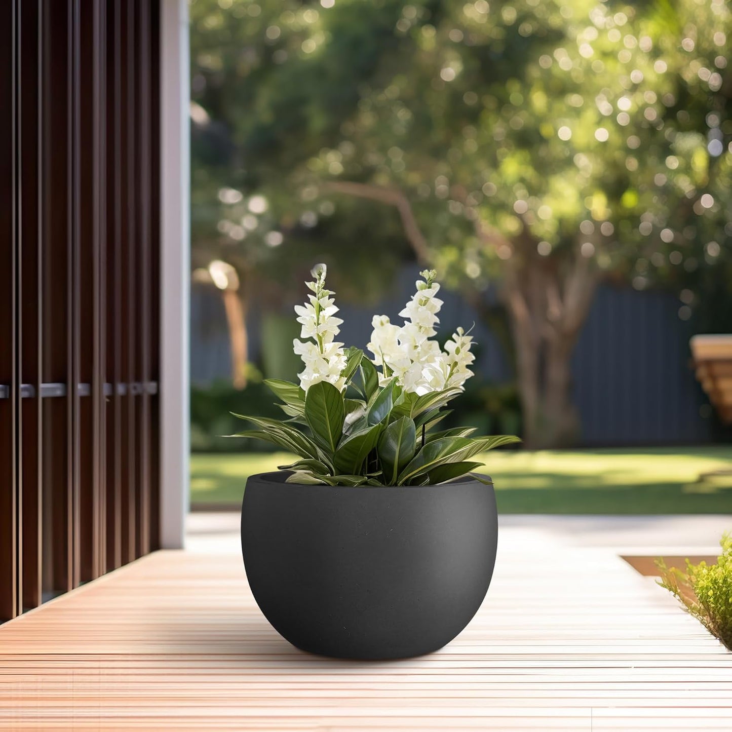 Kante 11.8" Dia Round Concrete Planter, Outdoor/Indoor Large Bowl Plant Pots with Drainage Hole and Rubber Plug for Garden Patio Balcony Home, Black-VerdiqueGarden