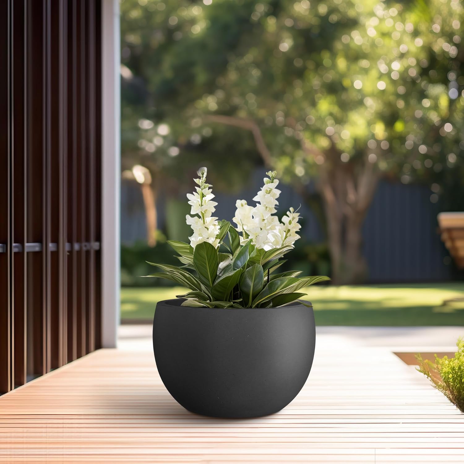 Kante 11.8" Dia Round Concrete Planter, Outdoor/Indoor Large Bowl Plant Pots with Drainage Hole and Rubber Plug for Garden Patio Balcony Home, Black-VerdiqueGarden