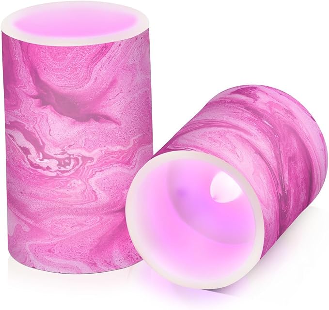 Flickering Flameless Candles, Pink Fuchsia Marble LED Candles with Remote Timer, Set of 2 Battery Operated Candle for Valentine Wedding Birthday-VerdiqueGarden