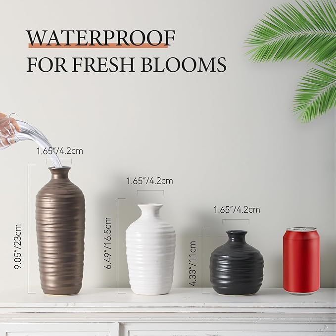 Ceramic Vase Set of 3 Neutral Decorative Vase for Farmhouse, Boho, or Rustic Home Decor Pottery Vases for Living Room Bathroom Table Mantel Fireplace Entryway Shelf (01-Metallic)-VerdiqueGarden