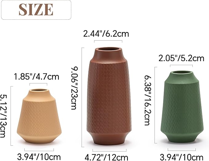 Ceramic Vase Set of 3, Modern Multicolor Pattern Flower Vases for Home Decor, Office, Centerpieces, Boho Farmhouse Style (Red/Green/Orange)-VerdiqueGarden