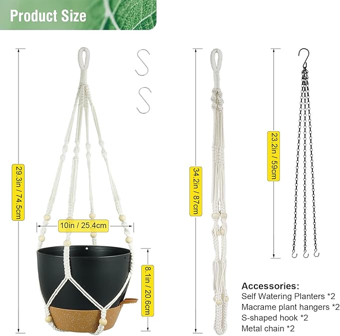 Self Watering Hanging Planters 10 inch, 2 Pack Hanging Flower Pots for Indoor Outdoor Plants, Hanging Baskets with Drainage Holes & 2 Kinds of Plant Hangers for Garden Home Decor, Black Brown-VerdiqueGarden