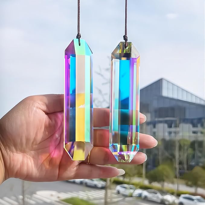 HDCRYSTALGIFTS 2PCS 5" Large Crystal Sun Catcher Prisms for Windows Indoor, AB Colored Hexagone Hanging Crystals Suncatchers, Rainbow Maker for Christmas,Patio,Chandelier,Garden Ornaments-VerdiqueGarden