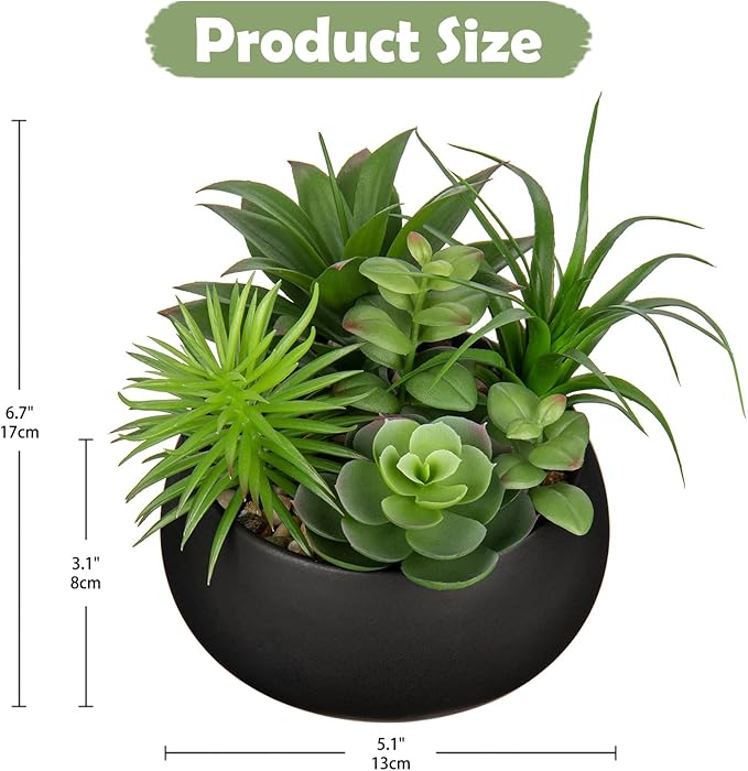 Fake Plants Artificial Succulents in Pots Faux Succulent Arrangement Potted Plant in Black Ceramic Planter Bowl for Home Decor Office Desk Bathroom Shelf Living Room Indoor Decorations-VerdiqueGarden