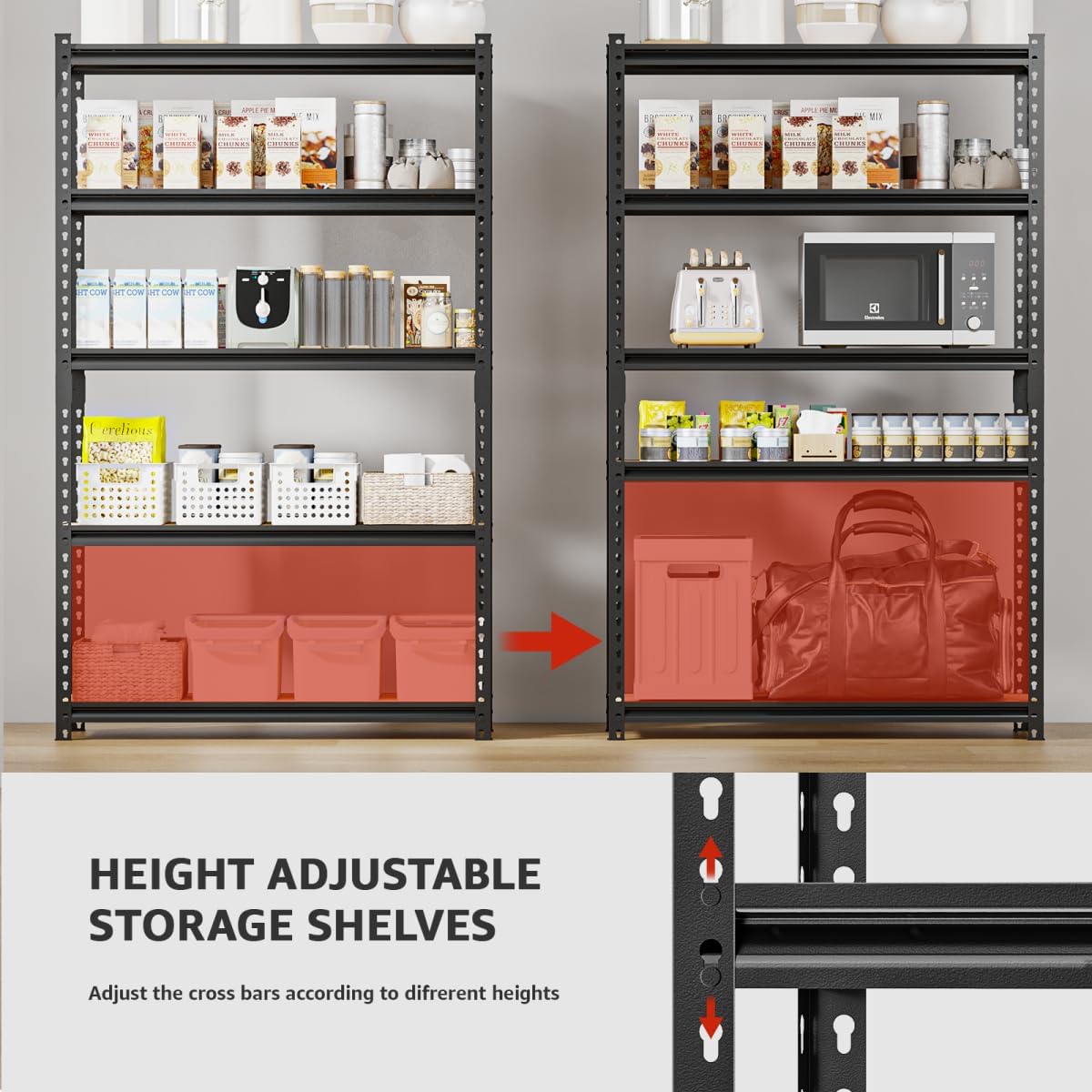 5-Tier Adjustable Metal Storage Shelves, Heavy Duty Garage Shelving 60" H x 28" W x 12" D, Shelving Unit Rack for Kitchen, Classroom, Dormitory, Basement & Warehouse (Black)-VerdiqueGarden