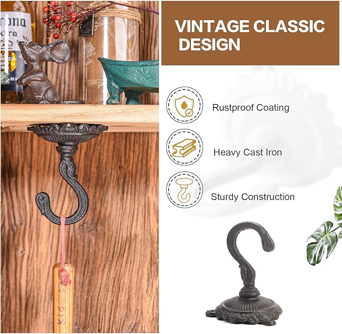 Sungmor Heavy Duty Ceiling Hooks for Hanging Plants, 2PC Black 3.5x3.9Inch Large Cast Iron Ceiling Hooks, Antique Decorative Ceiling Swag Hooks for Hanging Planter Chandelier Wind Chime Lantern Hanger-VerdiqueGarden