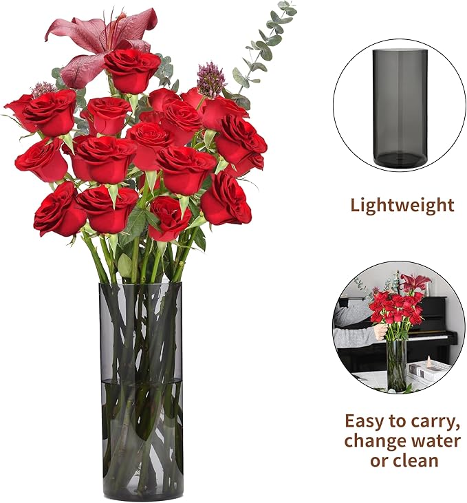 Flower Vase, Non-breakable Vases, 4" W x 12" H, Acrylic Grey Vase, Aesthetic Room Decor Cylindrical Modern Flower Vases for Table Centerpiece, Home Decor, Women Floral Arrangement Gift-VerdiqueGarden