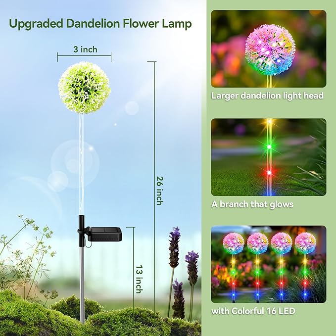 4 Pack Dandelion Solar Outdoor Lights Decorative with Colorful String Lights, Upgraded Waterproof Solar Garden Decor for Yard, Patio, Landscape Decoration-VerdiqueGarden