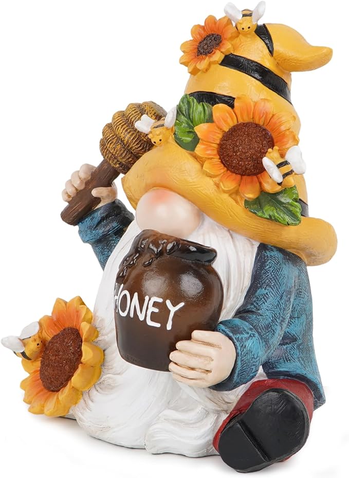 Hodao Spring Resin Garden Bumble Bee Themed Gnome Decorations-Solar-Powered Radiance-Honey Gnomes World Day Gifts Summer Lawn Garden Porch Sculptures & Statues Decorations-VerdiqueGarden