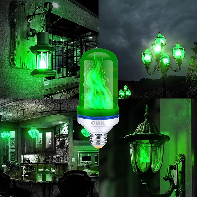 OMK 4 Pack Green Light Bulbs, Christmas Flame LED Light Bulbs Decorations Flickering/Breathing/Ligting/Gravity 4 Modes Flame Bulb for Bars Hotel Yard Porch Party Outdoor Decorative Holiday Gifts-VerdiqueGarden