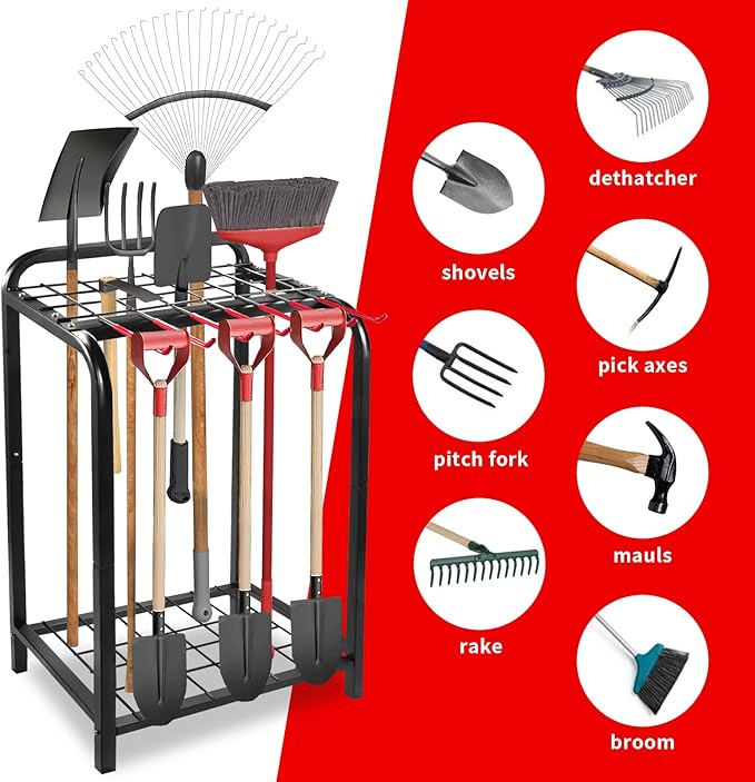 Trieez Garden Tool Organizer for Garage, Yard Tool Organizer with Hooks for Garage Organization and Storage - Sturdy Yard Tool Holder, Tool Rack for Shed, Outdoor, Tool Stand-VerdiqueGarden