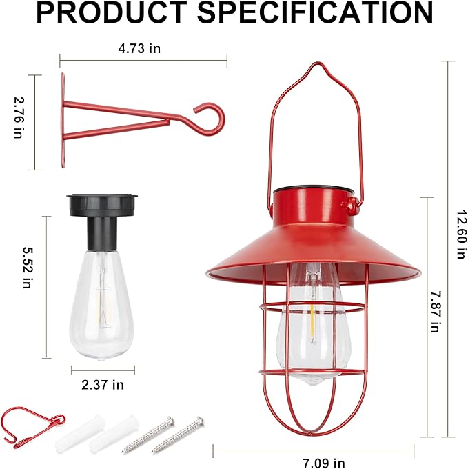 pearlstar Solar Lanterns Outdoor Christmas Metal Solar Powered Hanging Lights Waterproof for Wall Barn Yard Garden Patio Garage Balcony Porch Fence Decor, Warm White Edison Bulb (Red-2pack)-VerdiqueGarden