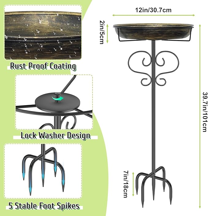 Bird Bath for Outside,Freestanding Metal Bird Bath Feeder with Heavy Duty 5 Prong Stake, Garden Birdbath Birdfeeder Bowl for Yard Lawn Patio Decor (Vintage Gold)-VerdiqueGarden