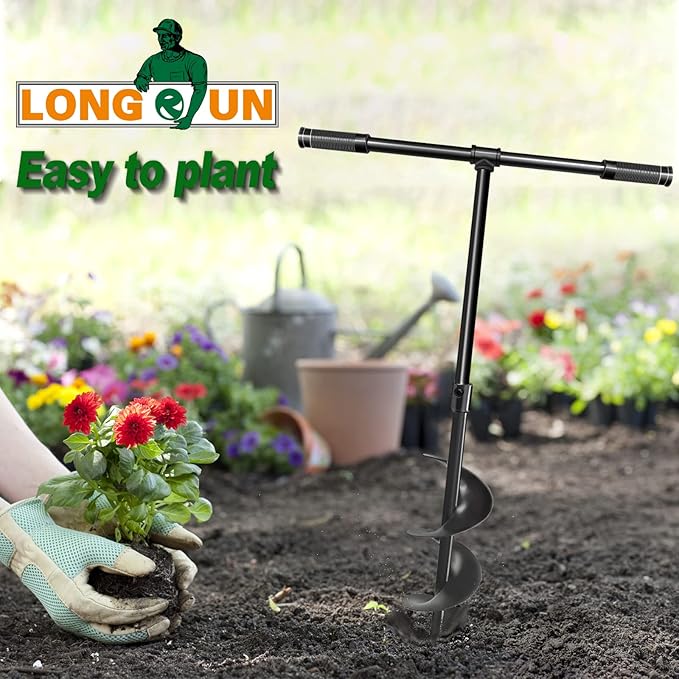 LONGRUN Manual Garden Hole Digging Drill Bit, Hand Drill Auger Post Hole Digger for Planting, Spiral Drill Planter for Bulb, Flower, Tree, Seedlings, Bedding Plants, Umbrella, Fence Holes-6"x 38"-VerdiqueGarden