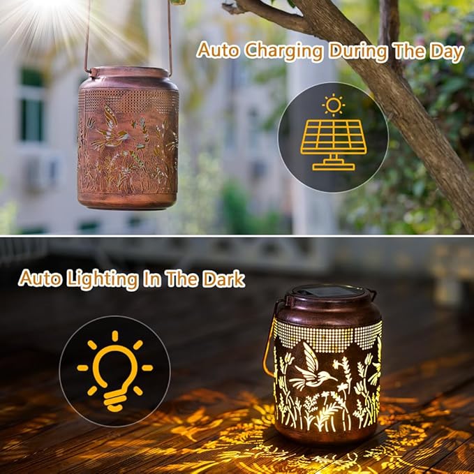 Hummingbird Solar Lanterns Outdoor Waterproof,Metal Garden Decor Hummingbird Gifts Hanging Solar Lanterns Outdoor Lights for Patio, Yard, Poch,Table Birthday Gifts for Women Mom-VerdiqueGarden