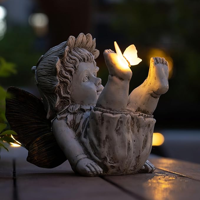 Garden Fairy Outdoor Solar Decor, Resin Ornaments for Patio Lawn Yard Porch, Playful Garden Flower Fairy Statues for Outside Angel Gifts, 7.91 Inches Tall-VerdiqueGarden