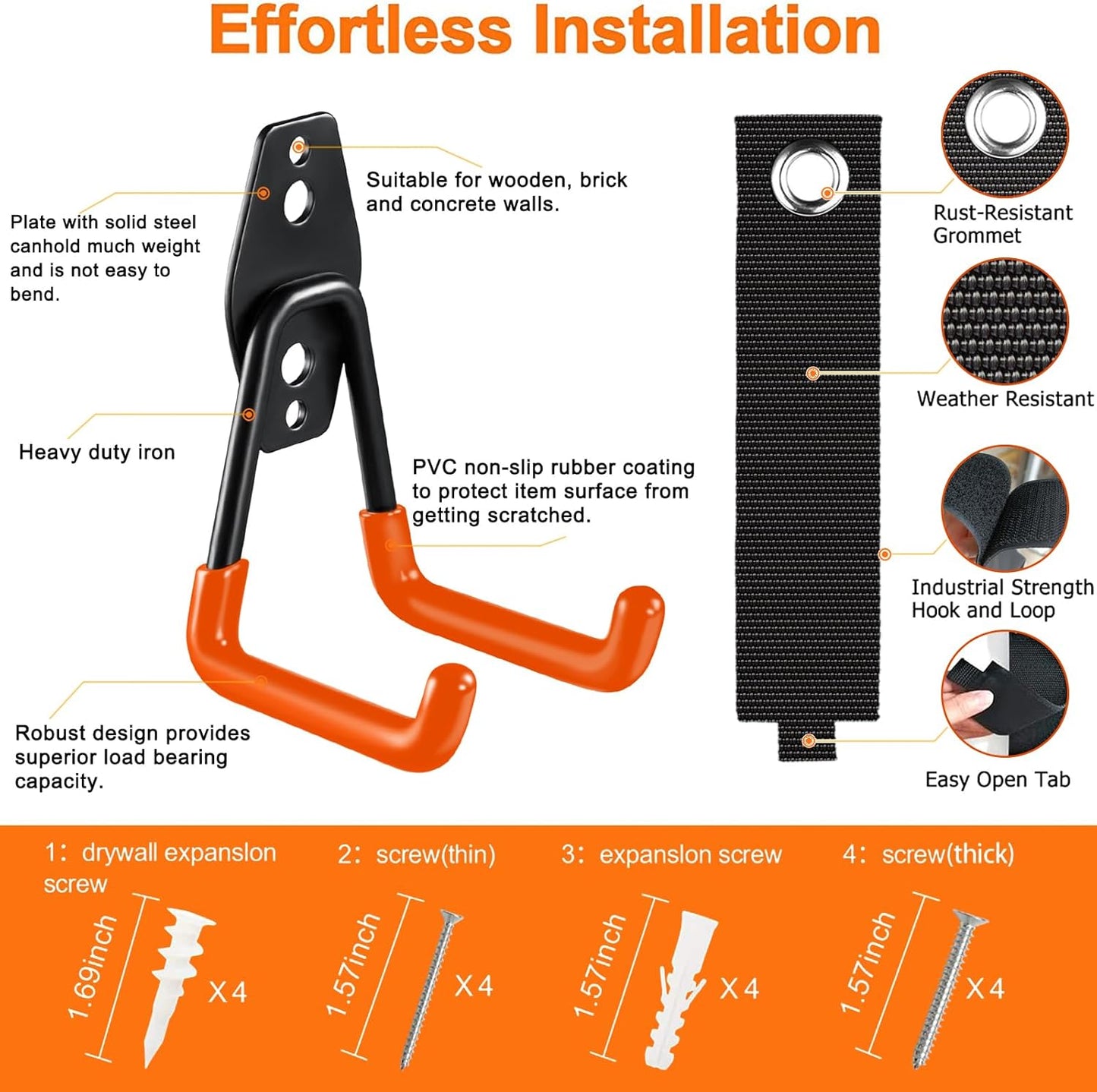 Heavy Duty Garage Hooks 4 Pack, 7.7 inch U Shaped Long Hanger, with 2 Extension Cord Holder Organizer, Wall Mounted Storage System, for Power and Garden Tool Hanging， Ladders, Bikes, Hose-VerdiqueGarden