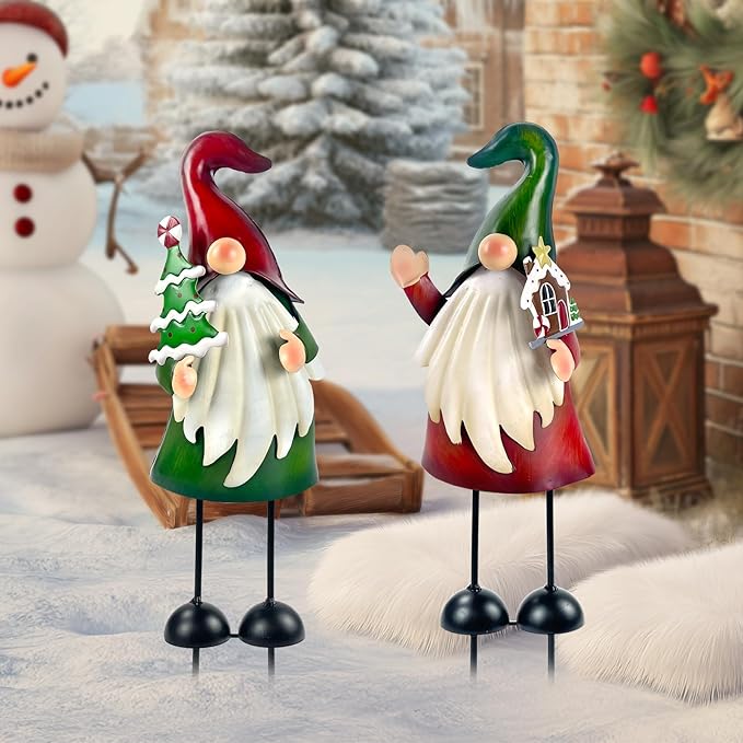 HONGLAND Christmas Decorations Outdoor Metal Gnome Yard Art Christmas Gnomes Statue 18 Inch Gnome Figurine for Holiday Christmas Lawn Patio Yard Garden Decor-2 PCS-VerdiqueGarden