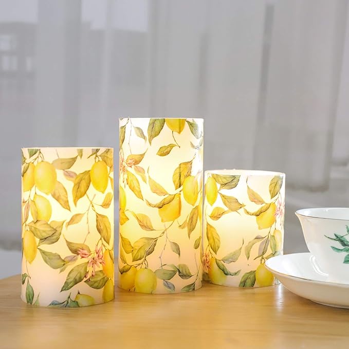 Flameless Candles Lemon Decor Battery Operated Lights with Remote Real Wax Flicker Electric Pillar Fake Candle for Home Bridal Shower Coffee Table Party Decorations Birthday Gifts for Women-VerdiqueGarden