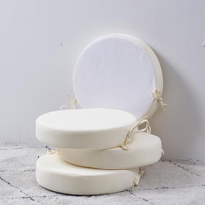 15 x 15 Inch Round Cushions for Outdoor Furniture Non-Slip Waterproof Patio Bistro Chair Cushion with Ties Bar Stool Seat Cushion for Kitchen Chairs Set of 4, Beige-VerdiqueGarden