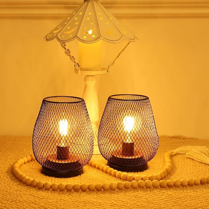 DECORKEY Set of 2 Rechargeable LED Table Lantern, Brown Metal Cage Cordless Lamps with LED Bulb，Vintage Decorative Outdoor Lantern for Weddings, Parties, Patio, Events for Indoors Shelf Decor-VerdiqueGarden